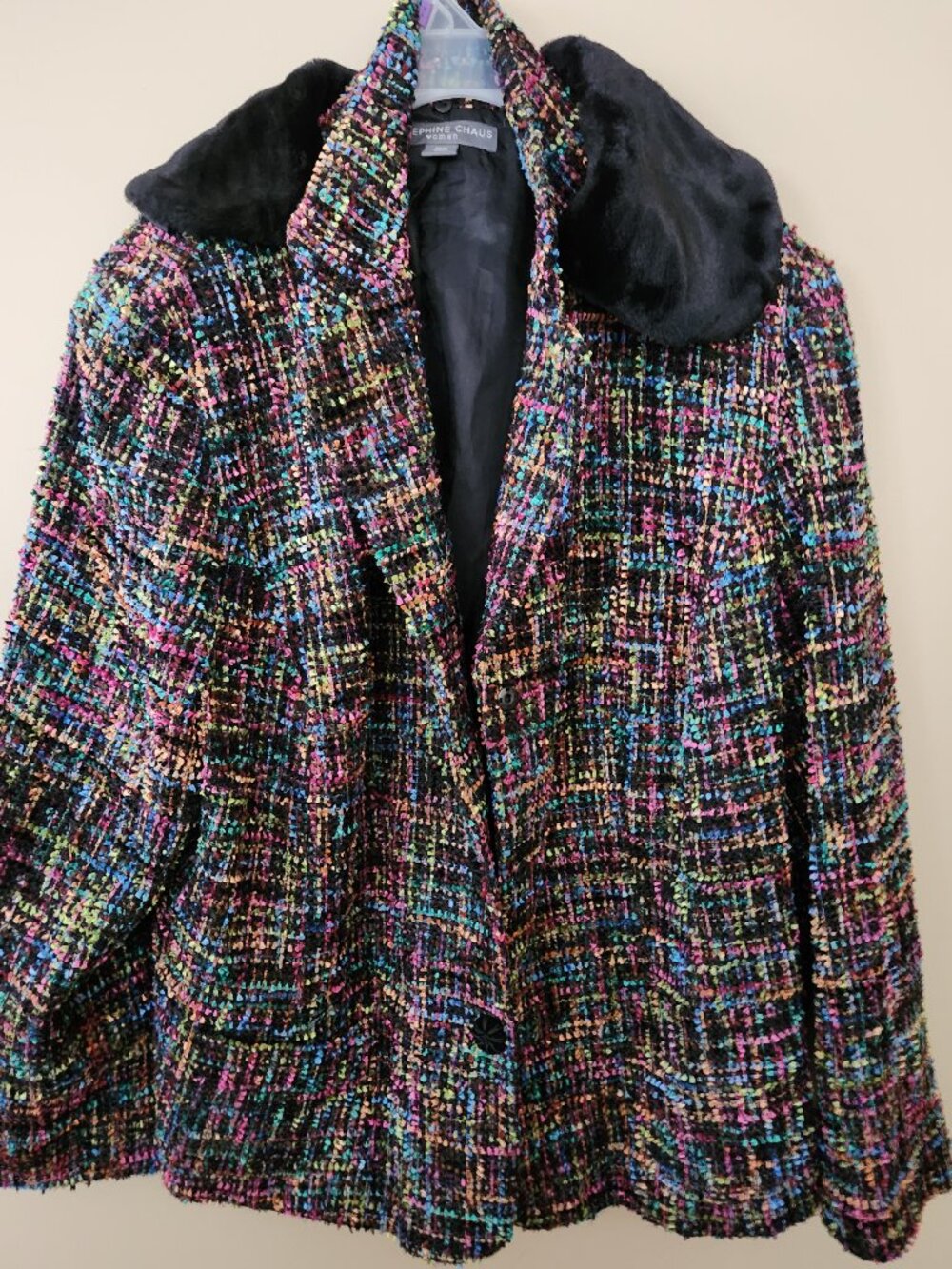 Josephine Chaus 22W Multicolored Tweed Jacket Removable Faux Fur Collar Blazer